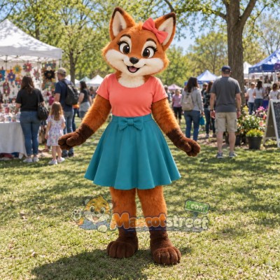 Orange Fox Mascot Costume with Coral Shirt and Teal Skirt Orange Fox Mascot Costume with Coral Shirt and Teal Skirt