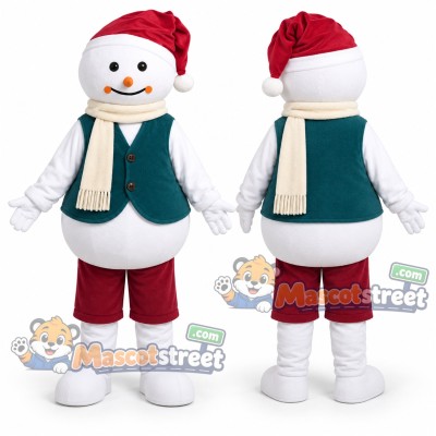 Snowman Mascot Costume with Teal Vest, Burgundy Shorts and Santa Hat Snowman Mascot Costume with Teal Vest, Burgundy Shorts and Santa Hat