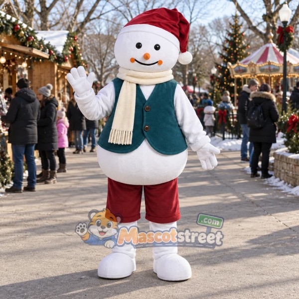 Snowman Mascot Costume with Teal Vest, Burgundy Shorts and Santa Hat