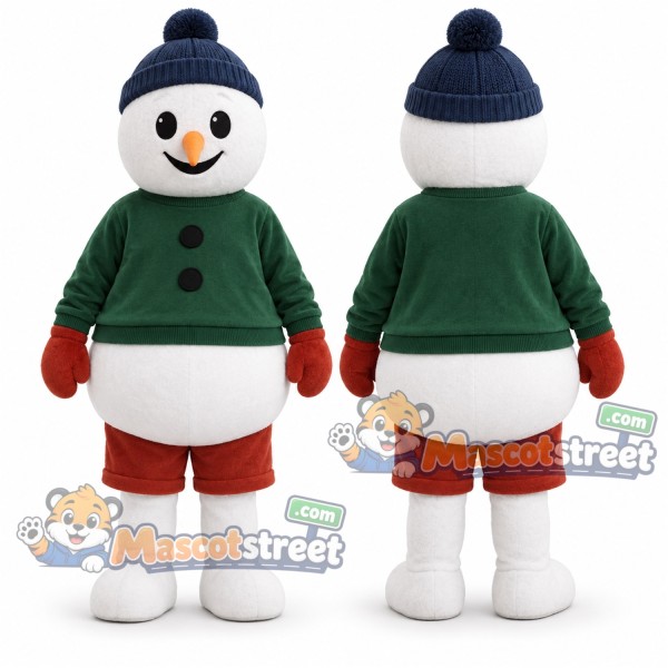Snowman Mascot Costume with Green Sweater, Orange Shorts and Navy Hat