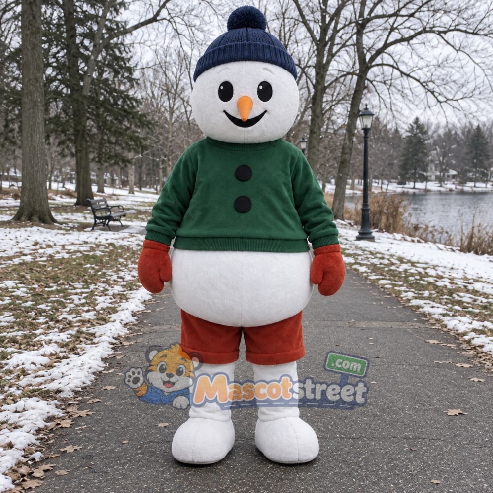Snowman Mascot Costume with Green Sweater, Orange Shorts and Navy Hat