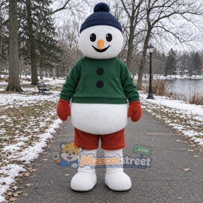 Snowman Mascot Costume with Green Sweater, Orange Shorts and Navy Hat