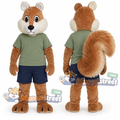 Brown Squirrel Mascot Costume with Green Shirt and Navy Shorts Brown Squirrel Mascot Costume with Green Shirt and Navy Shorts