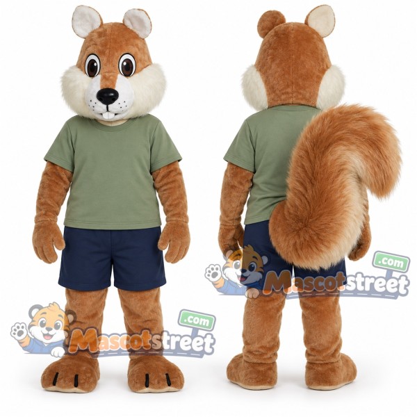 Brown Squirrel Mascot Costume with Green Shirt and Navy Shorts