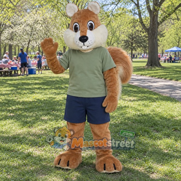 Brown Squirrel Mascot Costume with Green Shirt and Navy Shorts