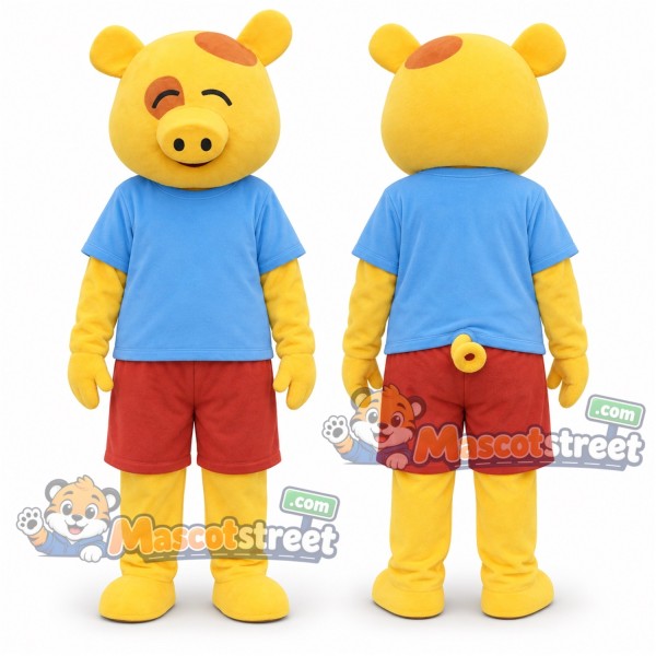 Yellow Pig Mascot Costume with Blue Shirt and Red Shorts