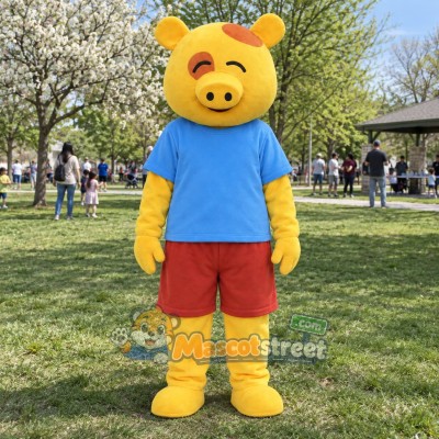 Yellow Pig Mascot Costume with Blue Shirt and Red Shorts