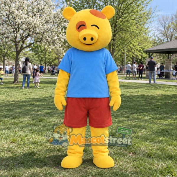 Yellow Pig Mascot Costume with Blue Shirt and Red Shorts
