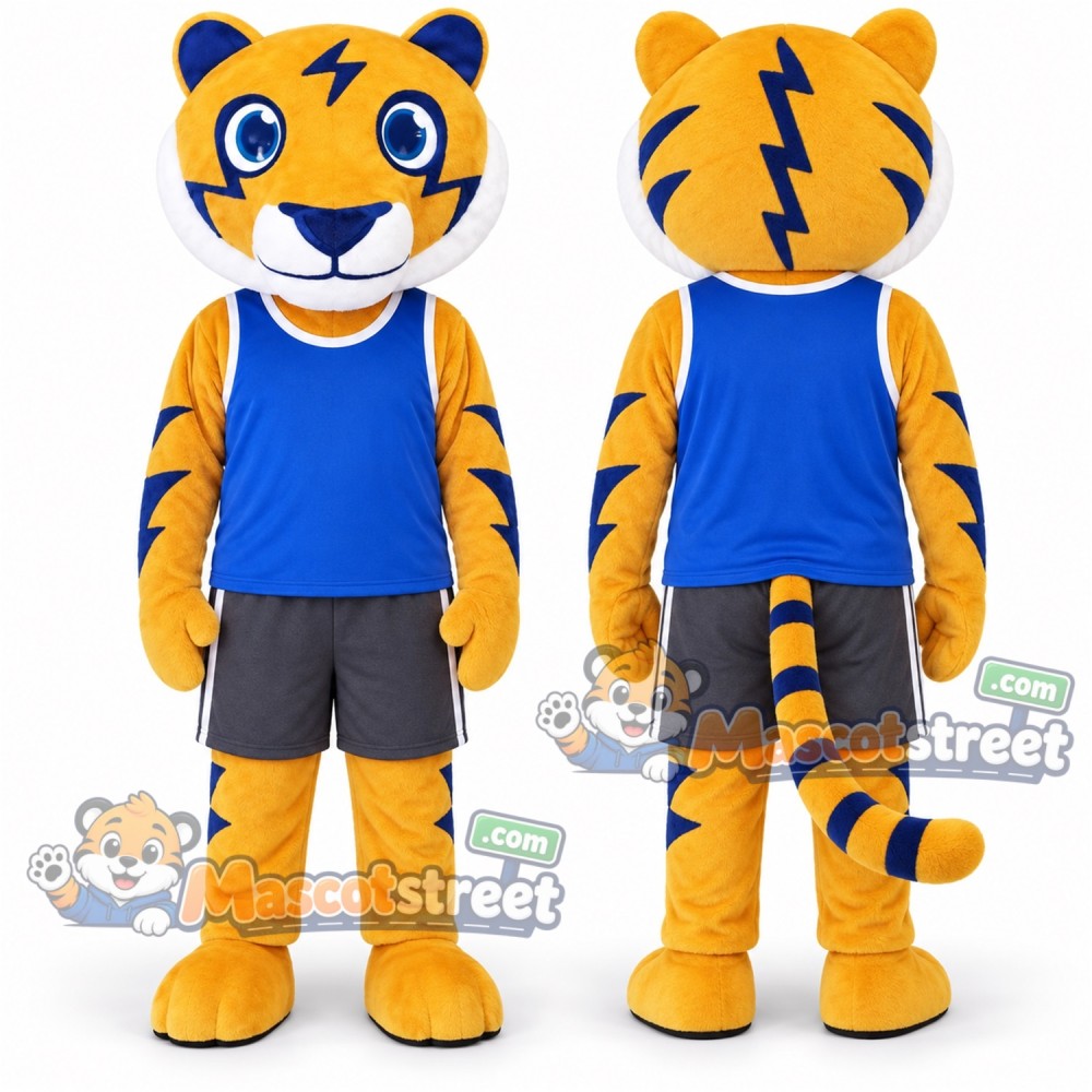 Orange Tiger Mascot Costume with Blue Vest and Gray Shorts