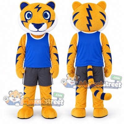Orange Tiger Mascot Costume with Blue Vest and Gray Shorts