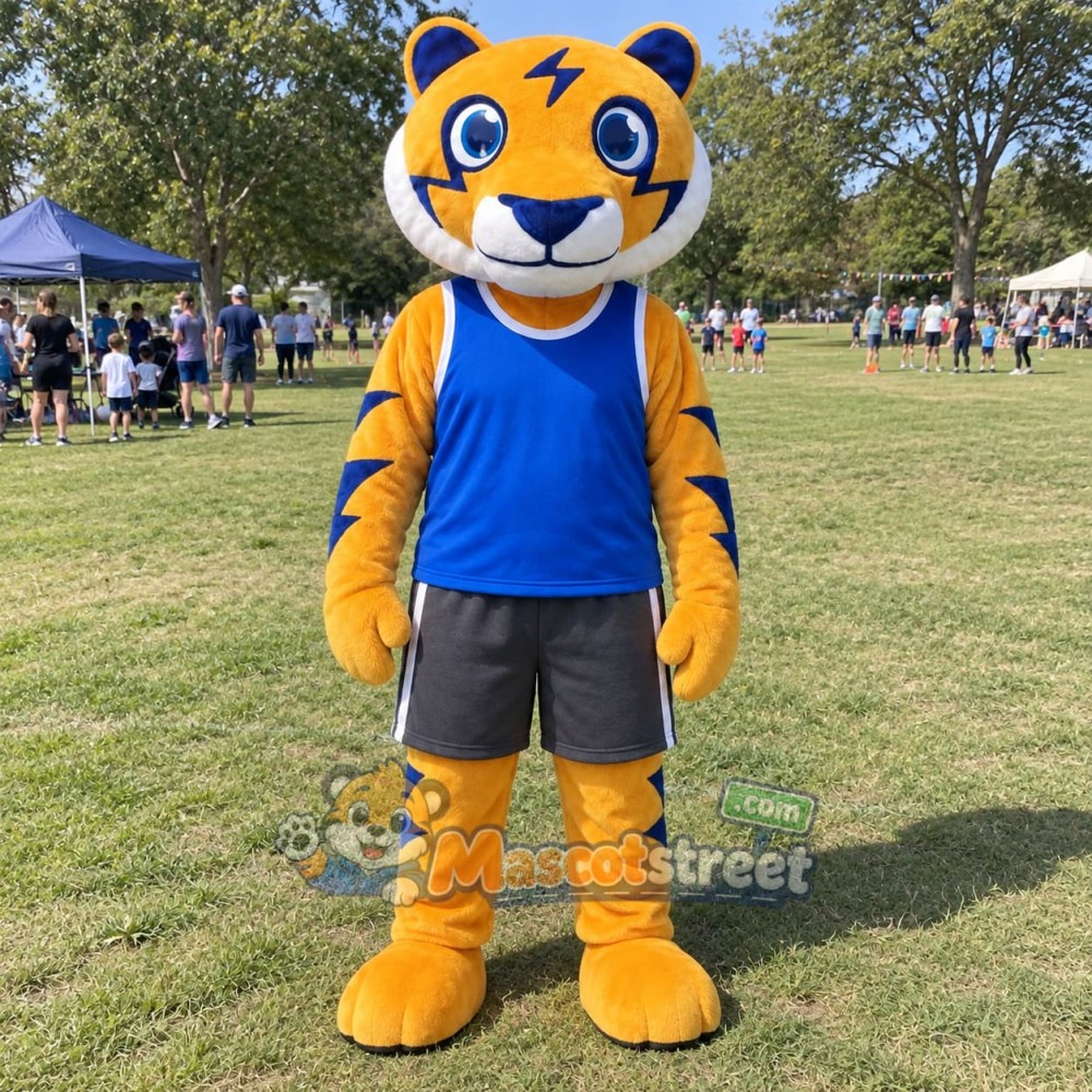Orange Tiger Mascot Costume with Blue Vest and Gray Shorts