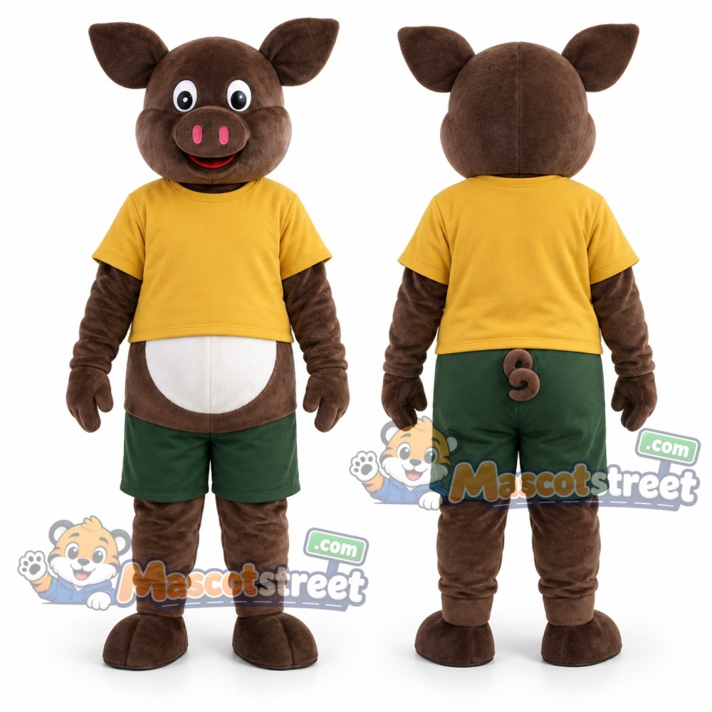 Brown Pig Mascot Costume with Yellow Shirt and Green Shorts