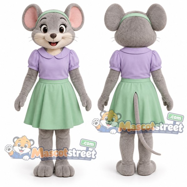 Gray Mouse Mascot Costume with Lavender Shirt and Mint Skirt