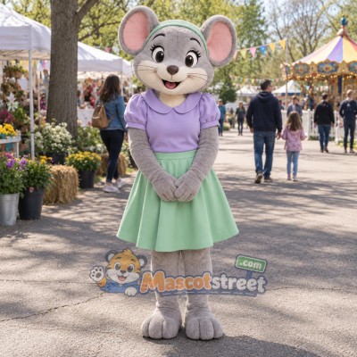 Gray Mouse Mascot Costume with Lavender Shirt and Mint Skirt
