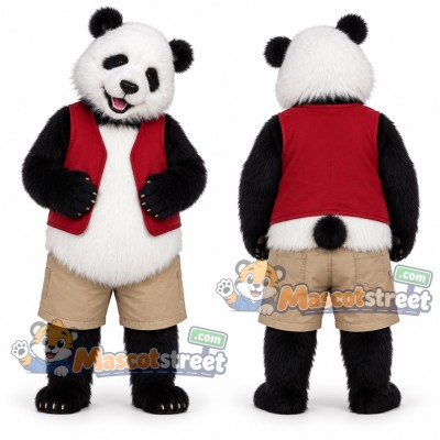 Panda Mascot Costume with Red Vest and Tan Shorts