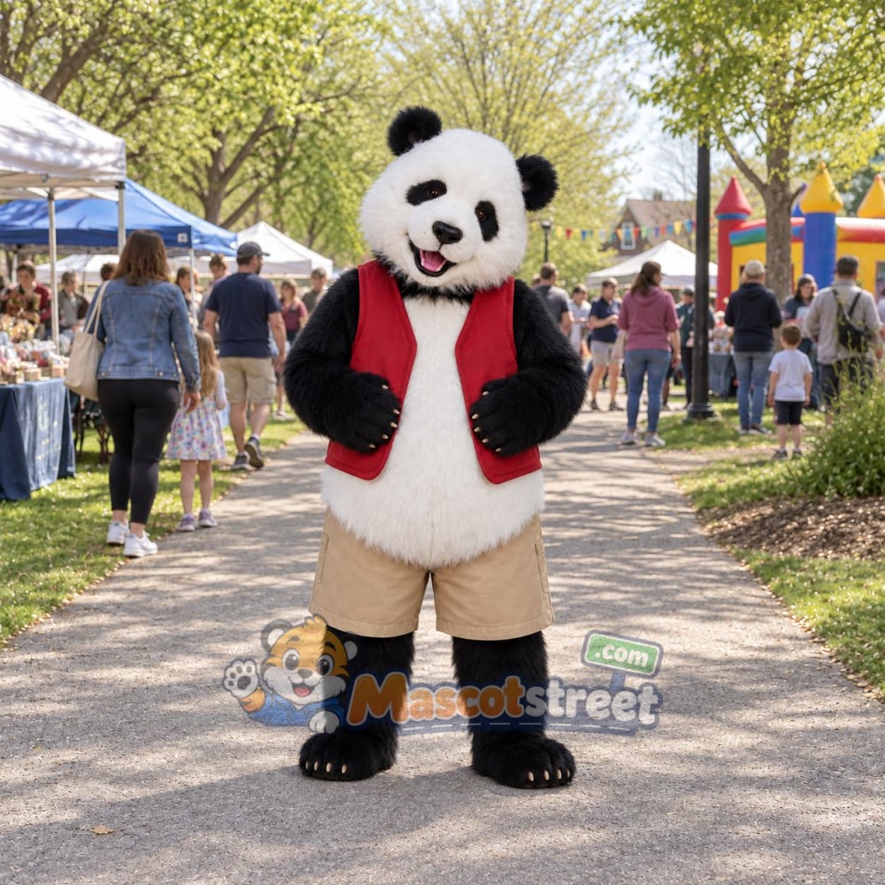 Panda Mascot Costume with Red Vest and Tan Shorts