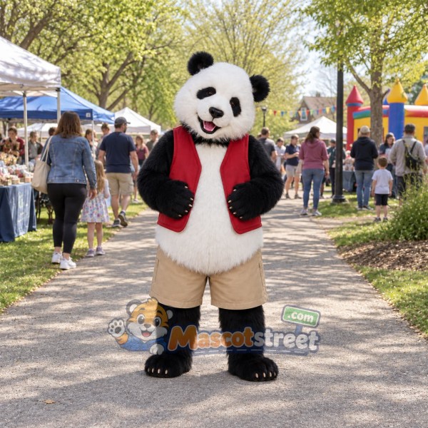 Panda Mascot Costume with Red Vest and Tan Shorts