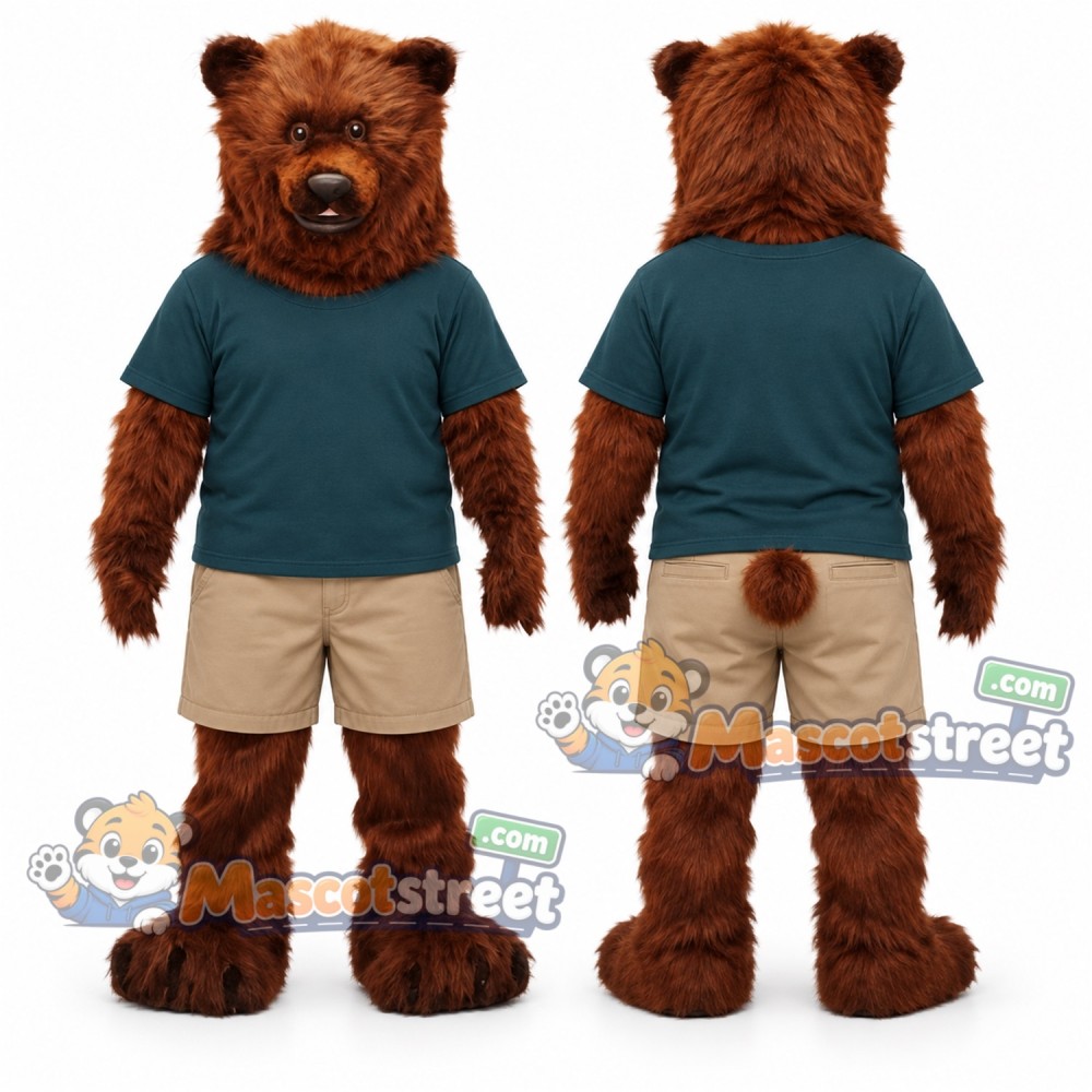 Brown Bear Mascot Costume with Teal Shirt and Tan Shorts