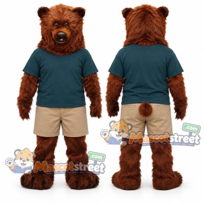 Brown Bear Mascot Costume with Teal Shirt and Tan Shorts