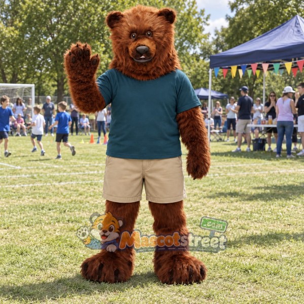 Brown Bear Mascot Costume with Teal Shirt and Tan Shorts