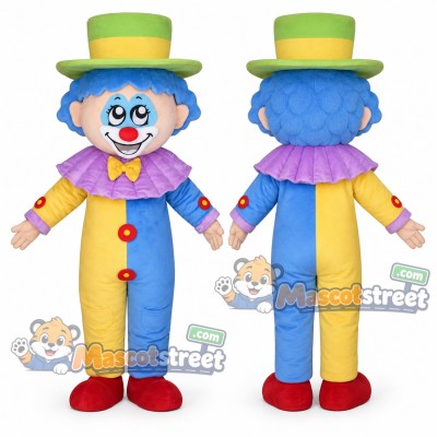 Clown Mascot Costume with Blue and Yellow Suit and Green Top Hat Clown Mascot Costume with Blue and Yellow Suit and Green Top Hat