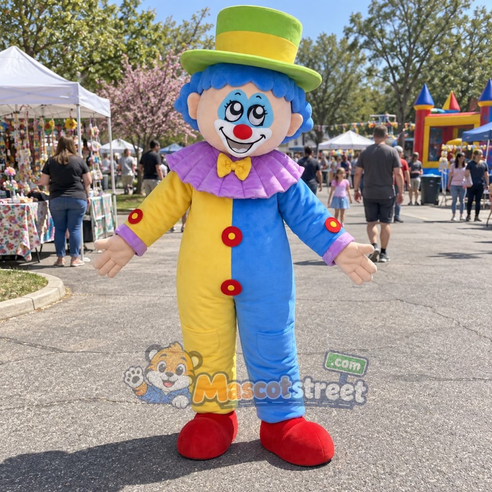 Clown Mascot Costume with Blue and Yellow Suit and Green Top Hat Clown Mascot Costume with Blue and Yellow Suit and Green Top Hat