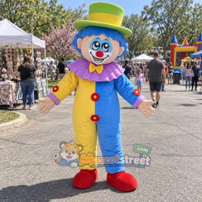 Clown Mascot Costume with Blue and Yellow Suit and Green Top Hat Clown Mascot Costume with Blue and Yellow Suit and Green Top Hat