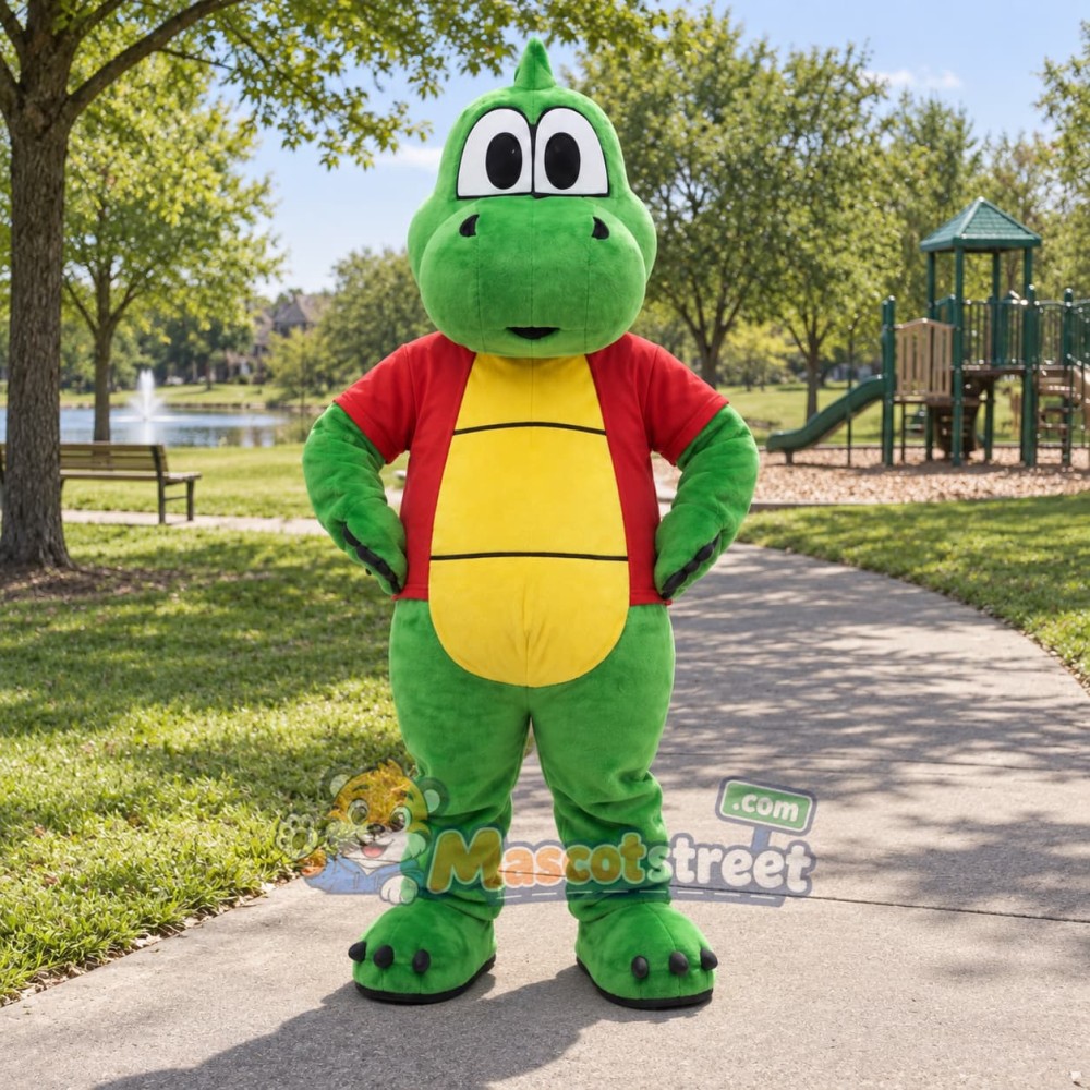 Green Dragon Mascot Costume with Red Shirt Green Dragon Mascot Costume with Red Shirt