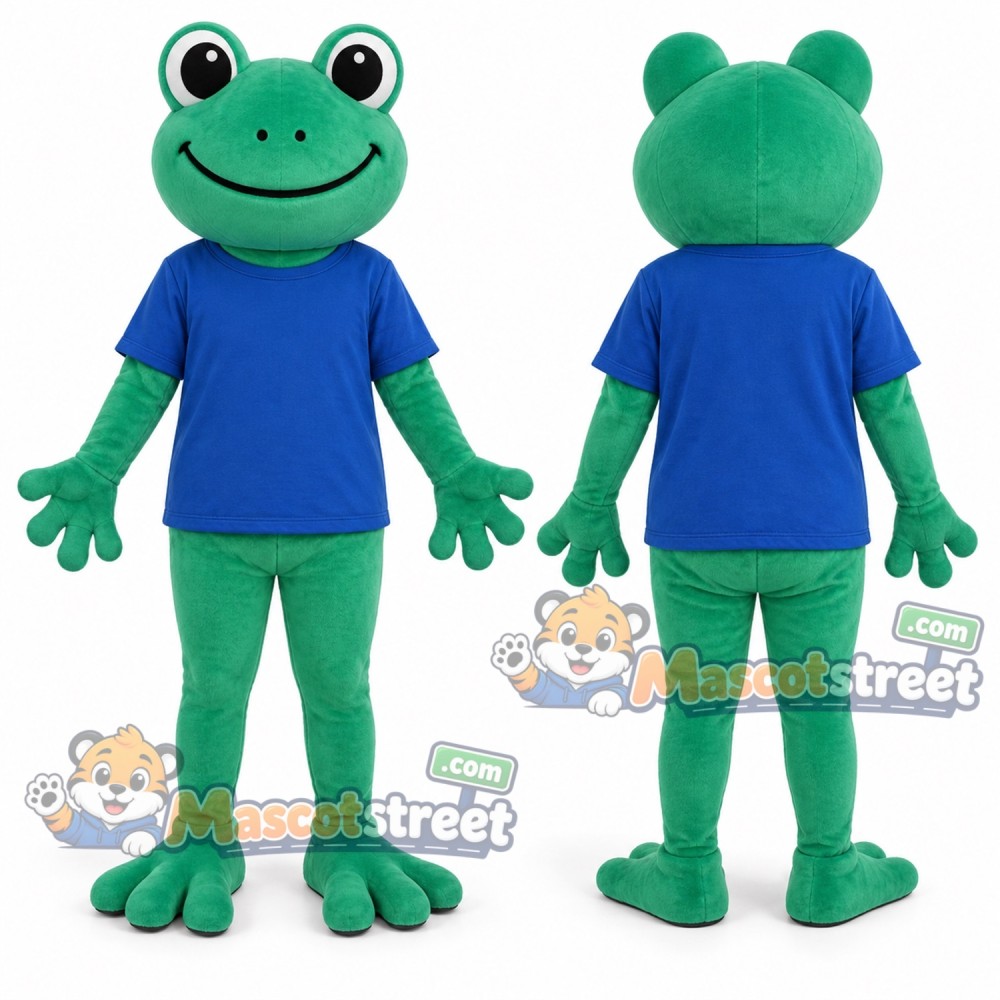 Green Frog Mascot Costume with Blue Shirt and Teal Shorts Green Frog Mascot Costume with Blue Shirt and Teal Shorts