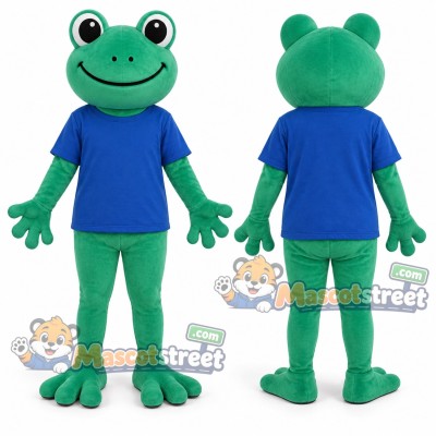 Green Frog Mascot Costume with Blue Shirt and Teal Shorts Green Frog Mascot Costume with Blue Shirt and Teal Shorts
