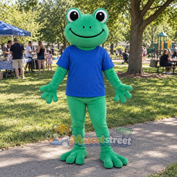Green Frog Mascot Costume with Blue Shirt and Teal Shorts