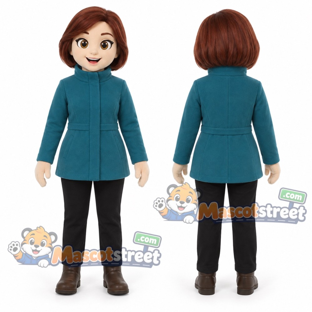 Woman Mascot Costume with Teal Coat and Black Trousers Woman Mascot Costume with Teal Coat and Black Trousers
