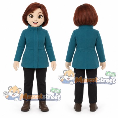 Woman Mascot Costume with Teal Coat and Black Trousers Woman Mascot Costume with Teal Coat and Black Trousers