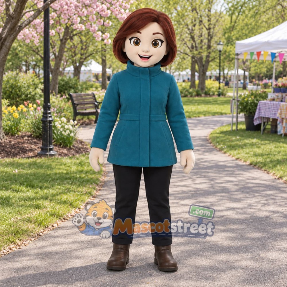 Woman Mascot Costume with Teal Coat and Black Trousers Woman Mascot Costume with Teal Coat and Black Trousers