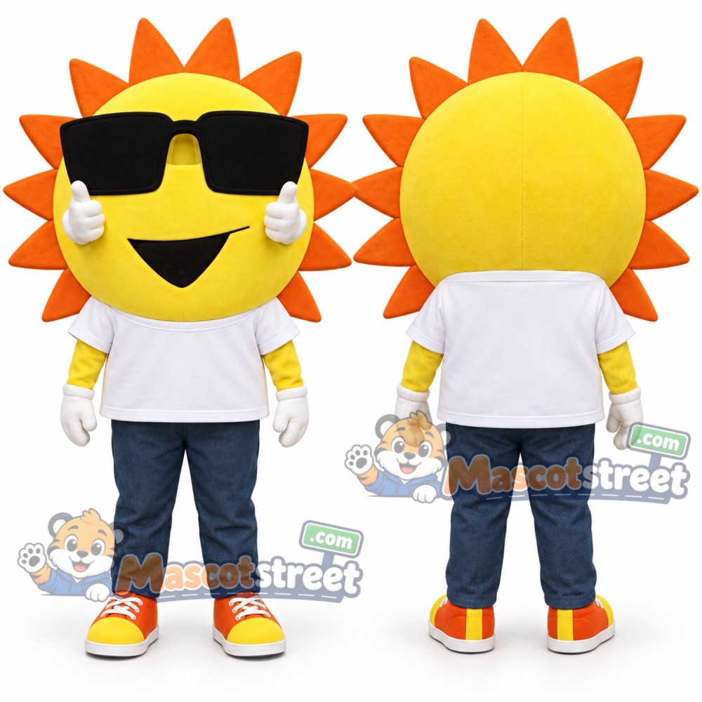 Sun Mascot Costume with White Shirt, Navy Trousers and Sunglasses Sun Mascot Costume with White Shirt, Navy Trousers and Sunglasses