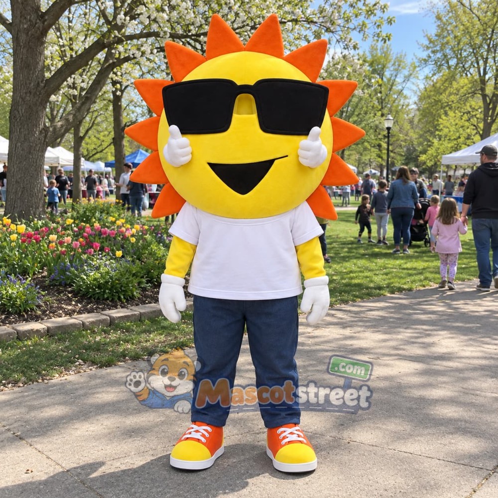 Sun Mascot Costume with White Shirt, Navy Trousers and Sunglasses Sun Mascot Costume with White Shirt, Navy Trousers and Sunglasses