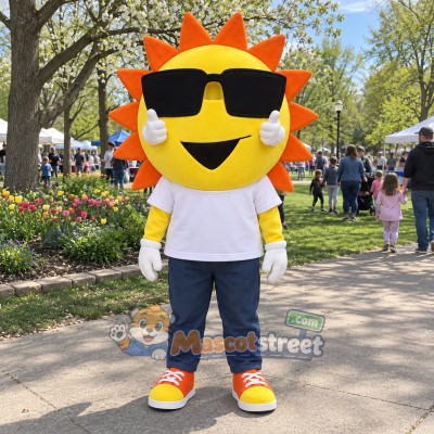 Sun Mascot Costume with White Shirt, Navy Trousers and Sunglasses Sun Mascot Costume with White Shirt, Navy Trousers and Sunglasses