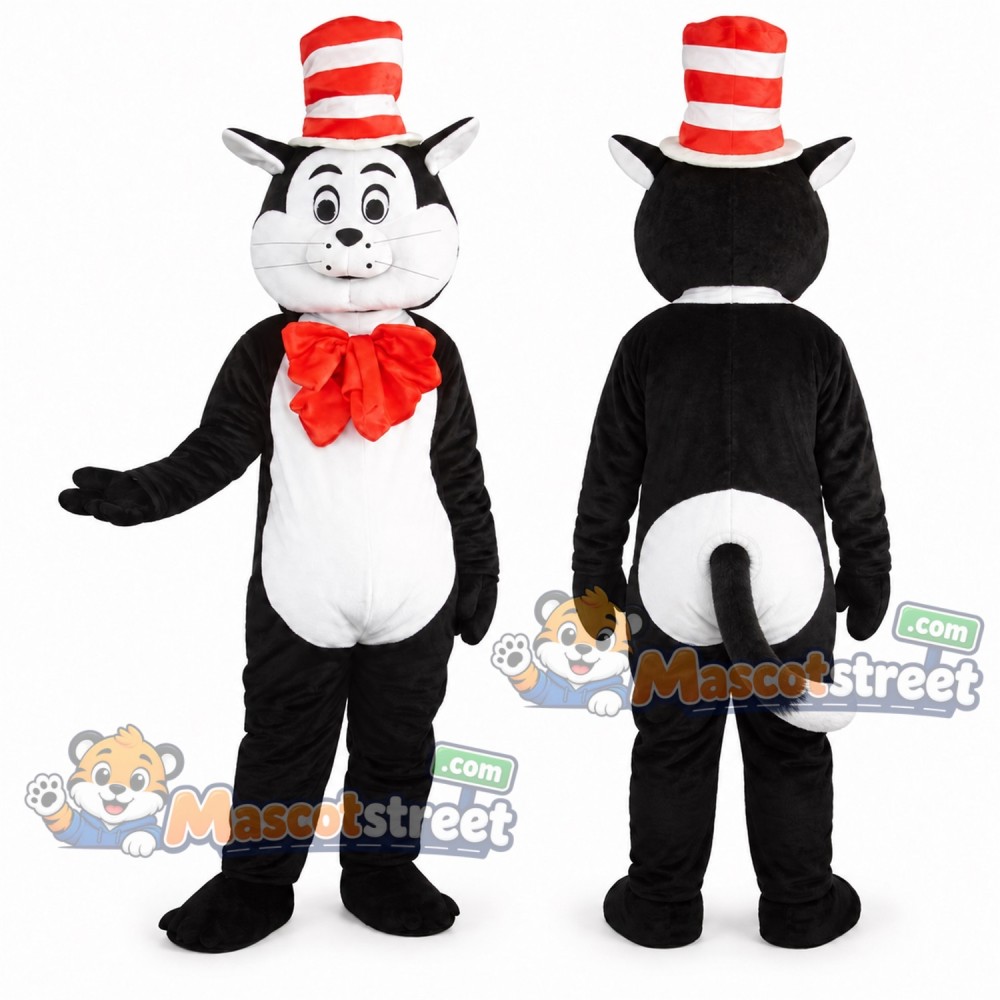 Black and White Cat Mascot Costume with Red Bow Tie and Striped Hat Black and White Cat Mascot Costume with Red Bow Tie and Striped Hat
