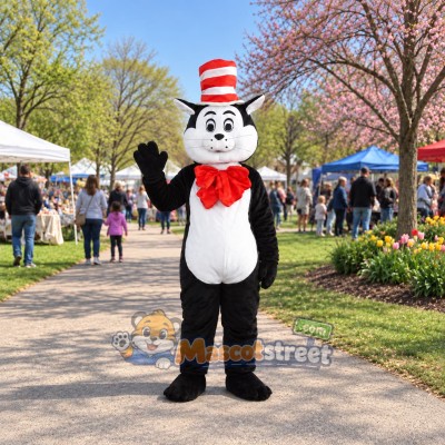 Black and White Cat Mascot Costume with Red Bow Tie and Striped Hat Black and White Cat Mascot Costume with Red Bow Tie and Striped Hat