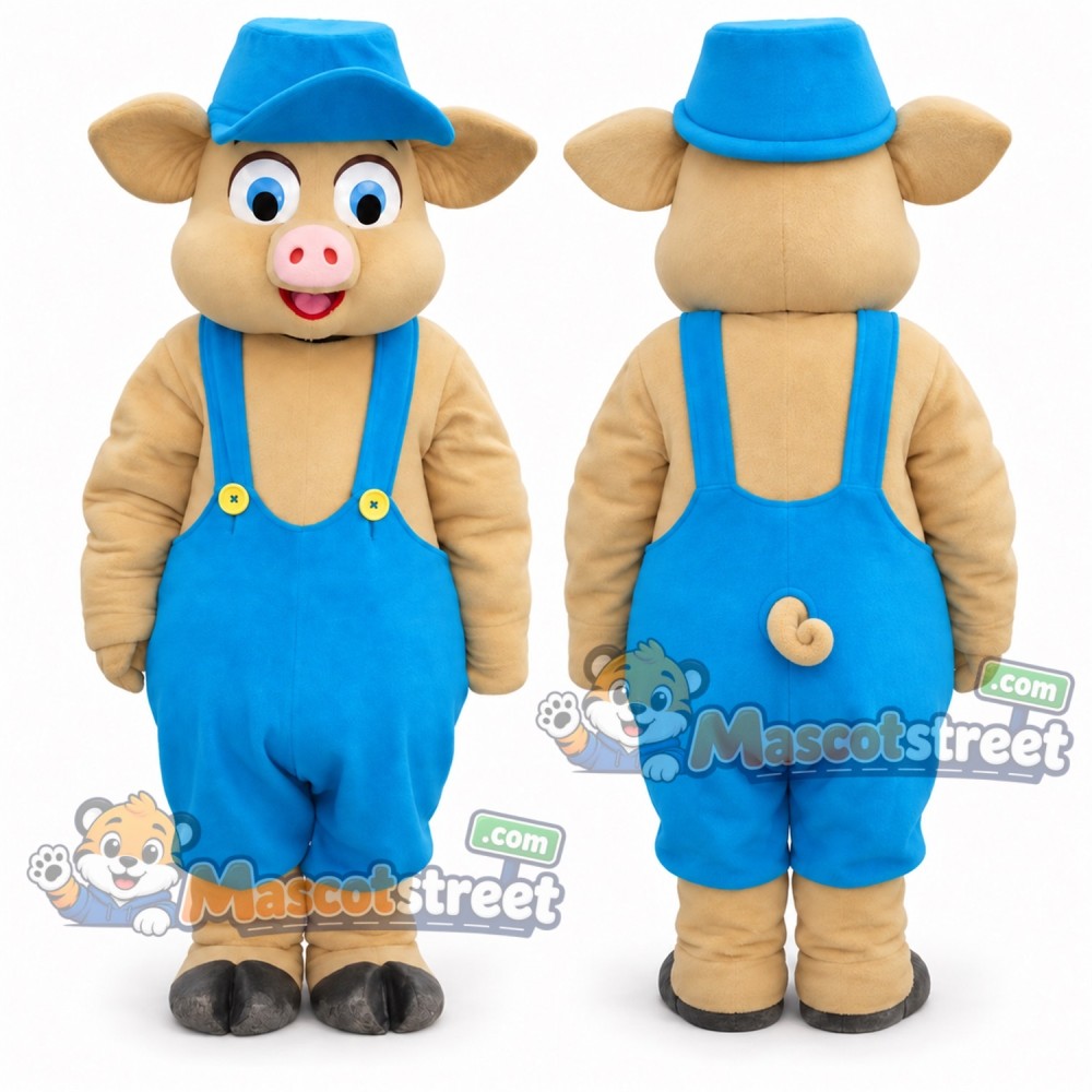 Tan Pig Mascot Costume with Blue Overalls and Blue Hat