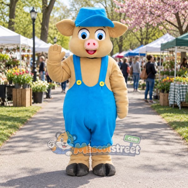Tan Pig Mascot Costume with Blue Overalls and Blue Hat