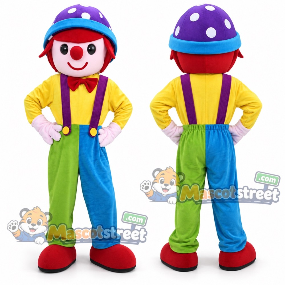 Clown Mascot Costume with Yellow Shirt, Multicolor Trousers and Purple Hat