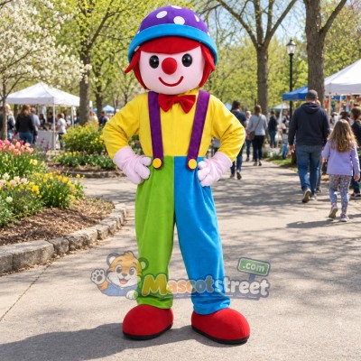 Clown Mascot Costume with Yellow Shirt, Multicolor Trousers and Purple Hat
