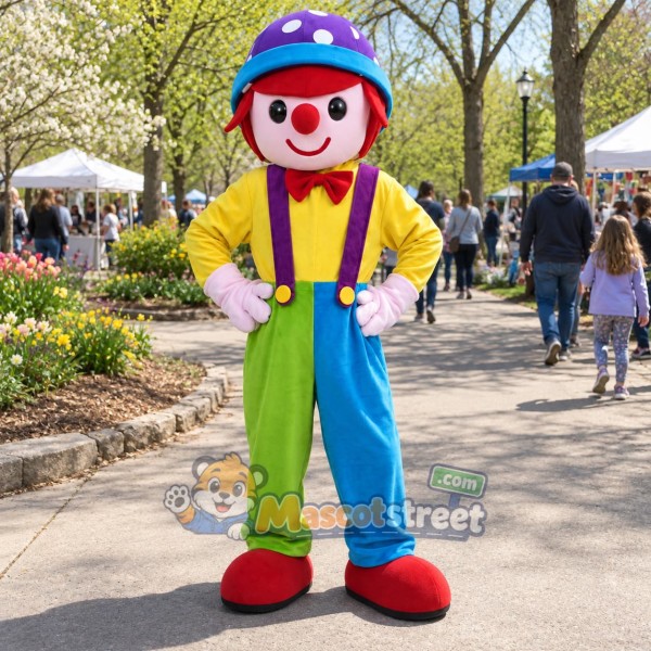 Clown Mascot Costume with Yellow Shirt, Multicolor Trousers and Purple Hat