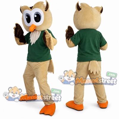 Brown Owl Mascot Costume with Green Shirt and Tan Trousers