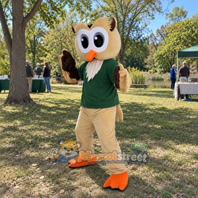 Brown Owl Mascot Costume with Green Shirt and Tan Trousers