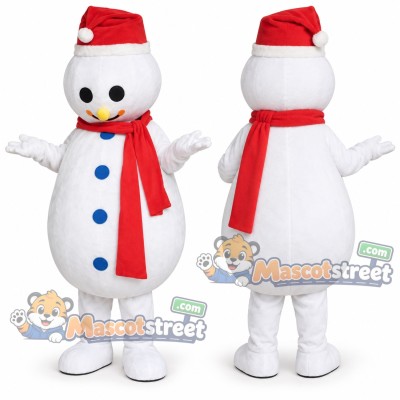 Snowman Mascot Costume with Red Scarf and Santa Hat Snowman Mascot Costume with Red Scarf and Santa Hat