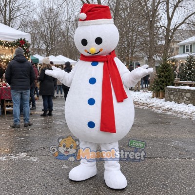 Snowman Mascot Costume with Red Scarf and Santa Hat Snowman Mascot Costume with Red Scarf and Santa Hat