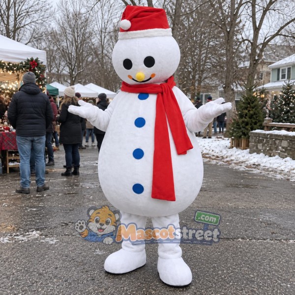 Snowman Mascot Costume with Red Scarf and Santa Hat