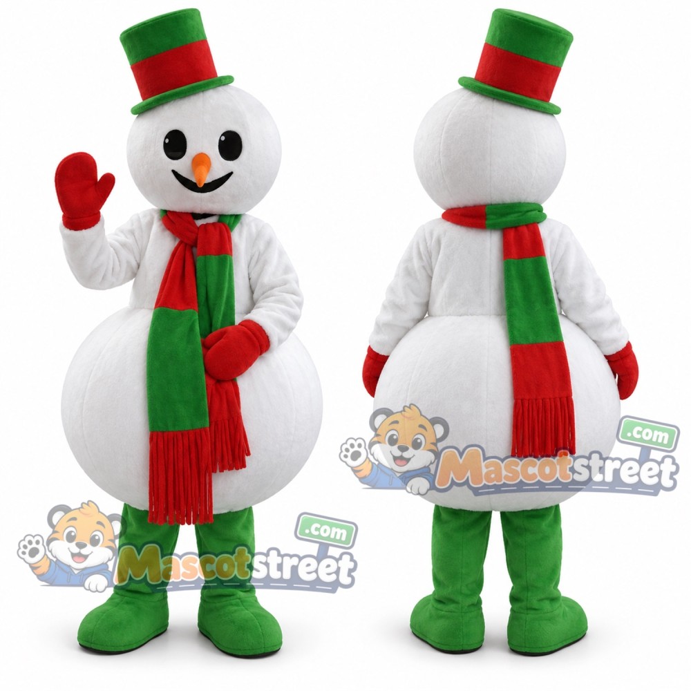 Snowman Mascot Costume with Green Hat and Red and Green Scarf